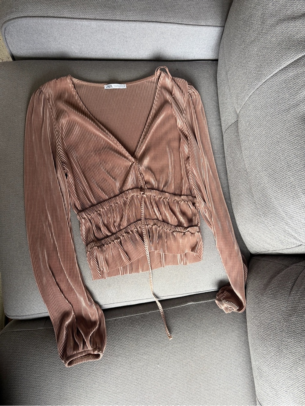 Zara Mauve Brown Plissé Wrap Blouse - Size Small